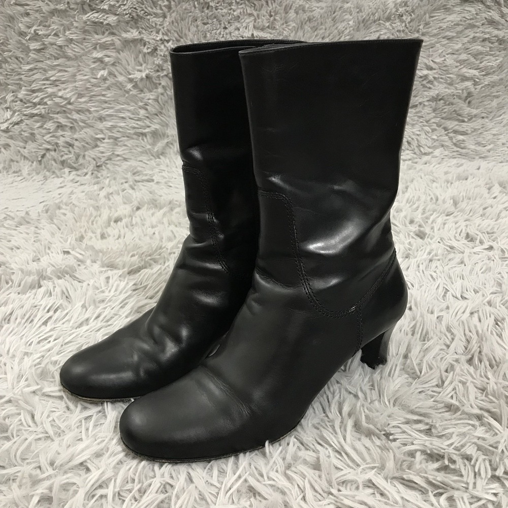 Cole Haan Country Black Leather Mid Calf Kitten Heel Boots Womens 8 B D13590